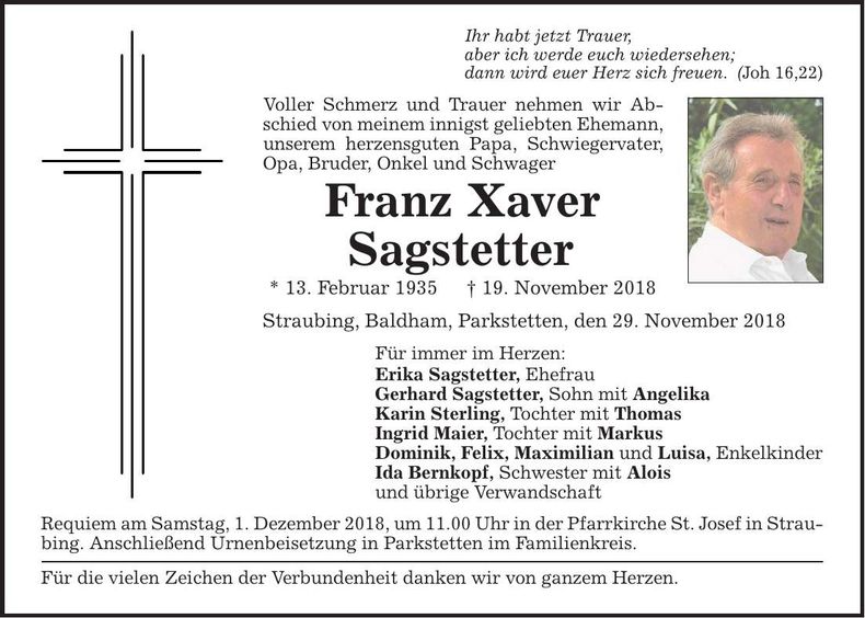Traueranzeige Franz Sagstetter