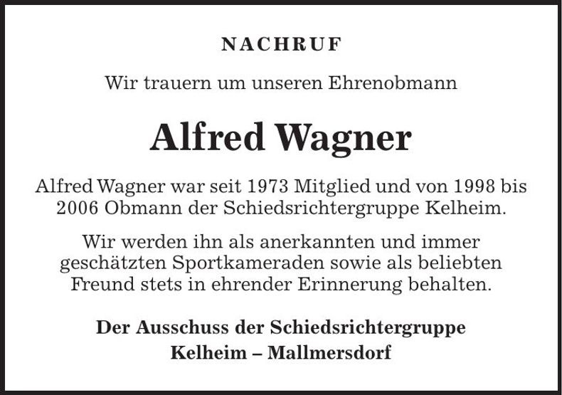 Traueranzeige Alfred Wagner