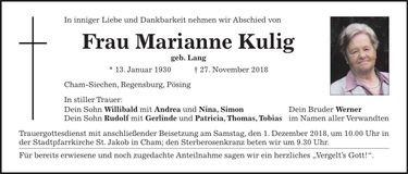Traueranzeige Marianne Kulig