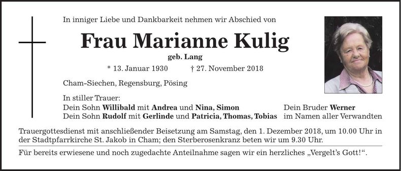 Traueranzeige Marianne Kulig