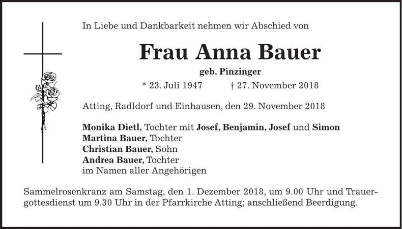 Traueranzeige Anna Bauer