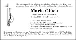 Traueranzeige Maria Glück
