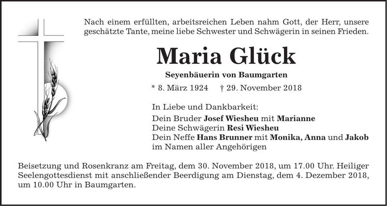 Traueranzeige Maria Glück