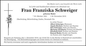 Traueranzeige Franziska Schweiger