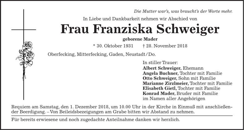 Traueranzeige Franziska Schweiger