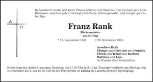 Traueranzeige Franz Rank
