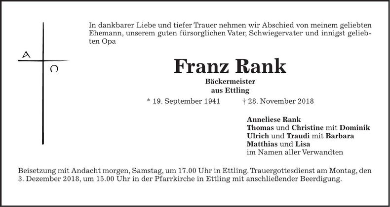 Traueranzeige Franz Rank
