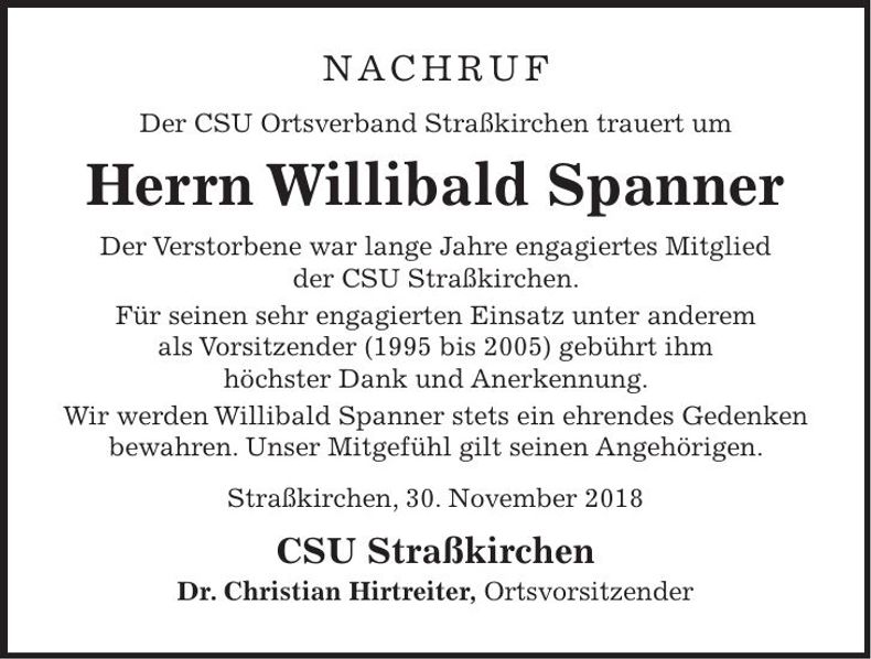 Traueranzeige Willibald Spanner
