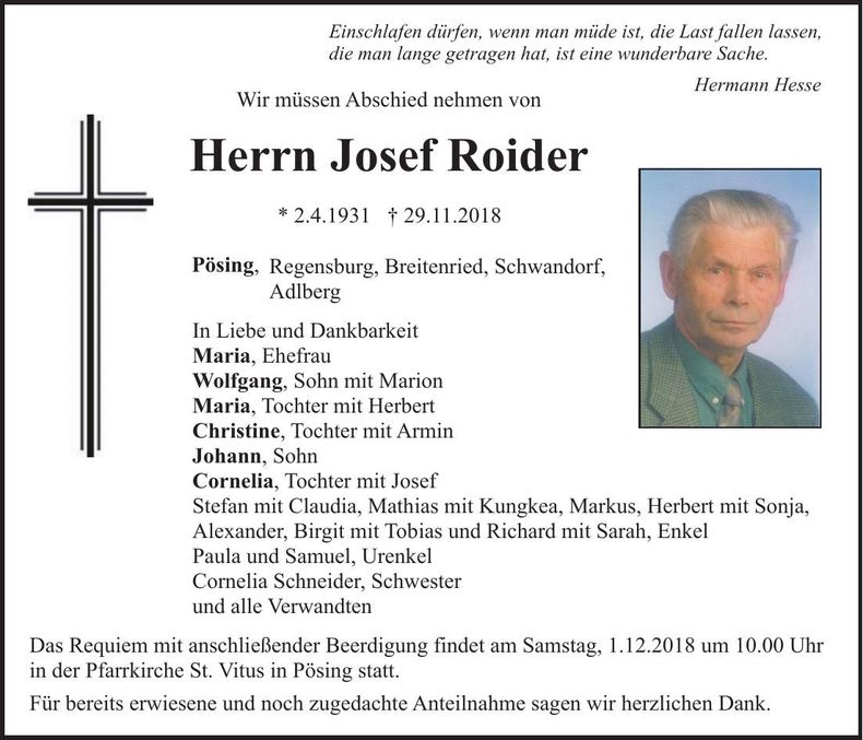 Traueranzeige Josef Roider