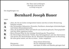 Traueranzeige Bernhard Joseph Bauer