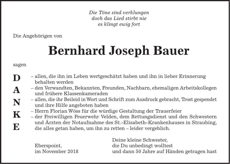 Traueranzeige Bernhard Joseph Bauer