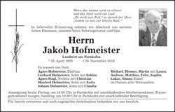 Traueranzeige Jakob Hofmeister