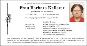 Traueranzeige Barbara Kellerer