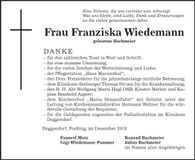 Traueranzeige Franziska Wiedemann