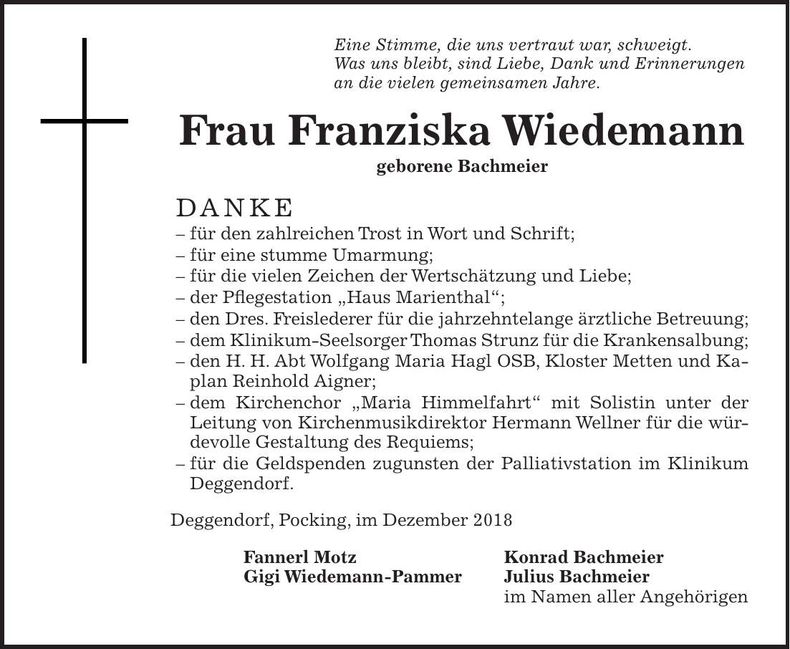 Traueranzeige Franziska Wiedemann