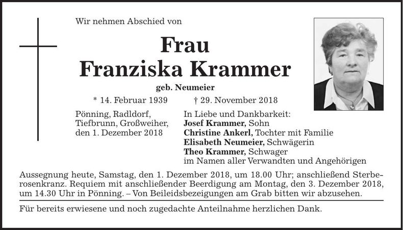 Traueranzeige Franziska Krammer