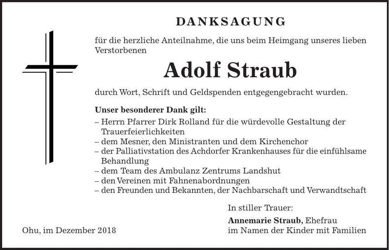 Traueranzeige Adolf Straub