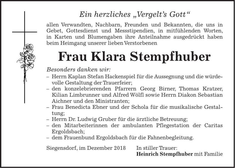 Traueranzeige Klara Stempfhuber