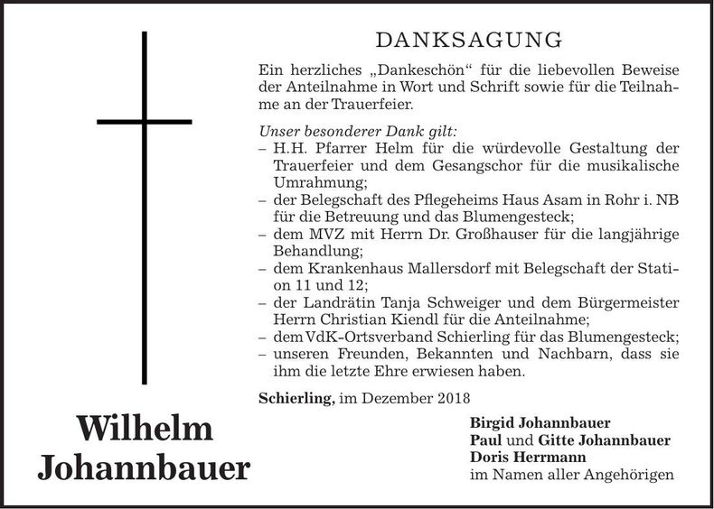 Traueranzeige Wilhelm Johannbauer