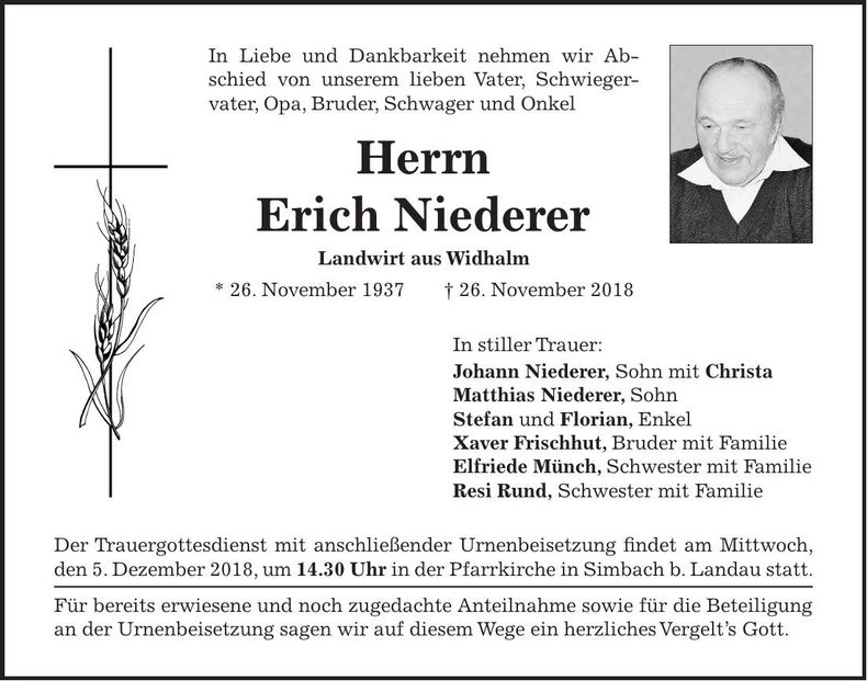 Traueranzeige Erich Niederer
