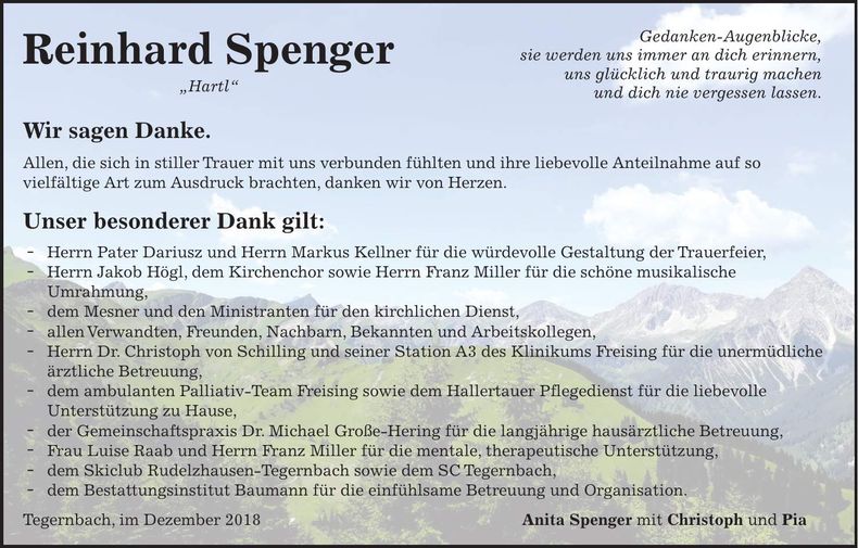 Traueranzeige Reinhard Spenger