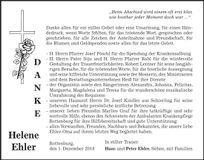 Traueranzeige Helene Ehler