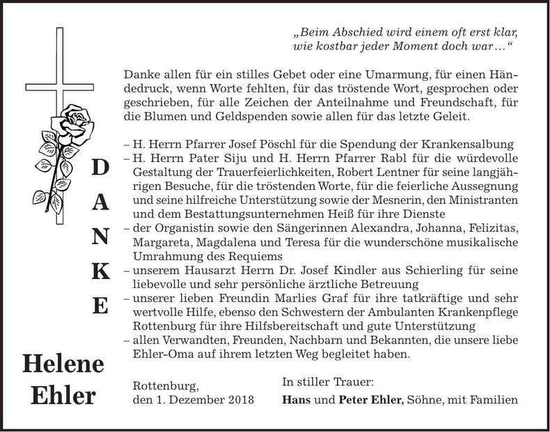 Traueranzeige Helene Ehler