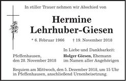 Traueranzeige Hermine Lehrhuber-Giesen