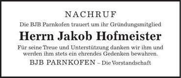 Traueranzeige Jakob Hofmeister