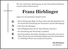 Traueranzeige Franz Hirblinger