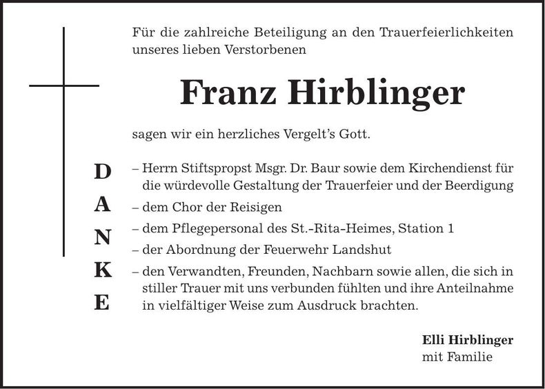 Traueranzeige Franz Hirblinger