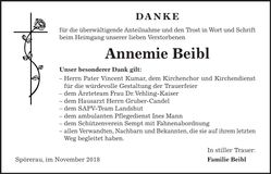 Traueranzeige Annemie Beibl