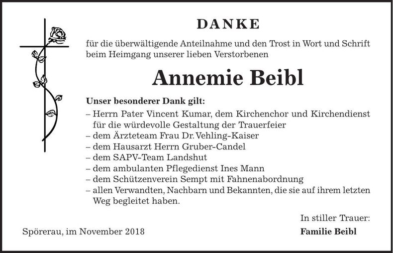 Traueranzeige Annemie Beibl