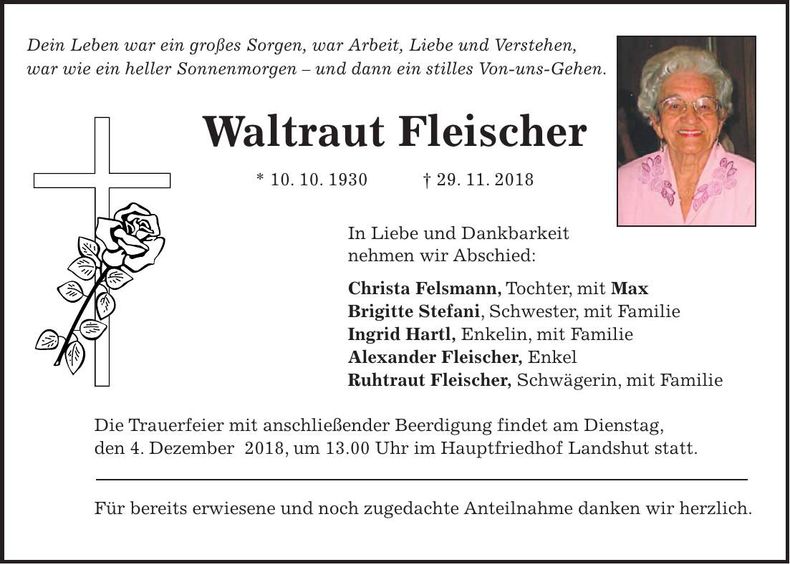 Traueranzeige Waltraut Fleischer