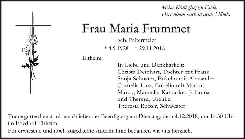 Traueranzeige Maria Frummet