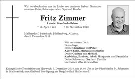 Traueranzeige Fritz Zimmer