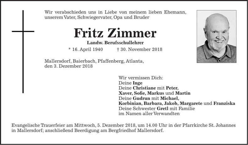 Traueranzeige Fritz Zimmer