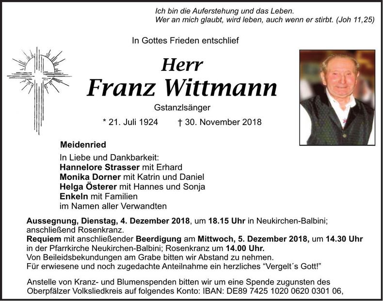 Traueranzeige Franz Wittmann