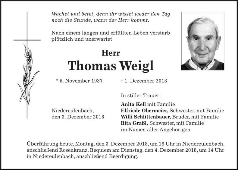 Traueranzeige Thomas Weigl