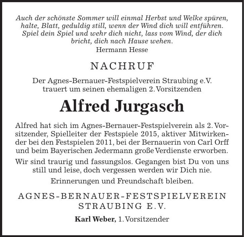 Traueranzeige Alfred Jurgasch