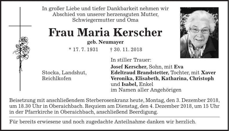 Traueranzeige Maria Kerscher