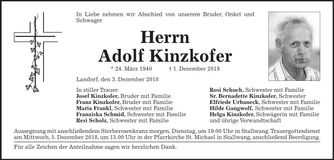 Traueranzeige Adolf Kinzkofer