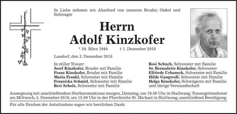 Traueranzeige Adolf Kinzkofer