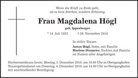 Traueranzeige Magdalena Högl