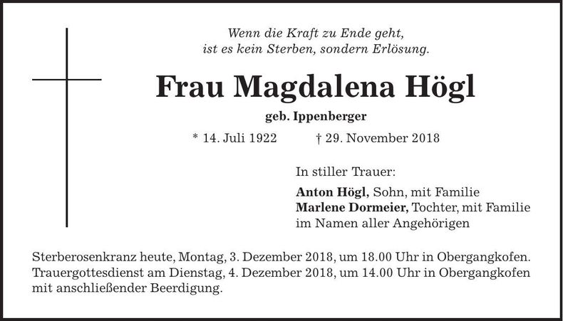 Traueranzeige Magdalena Högl