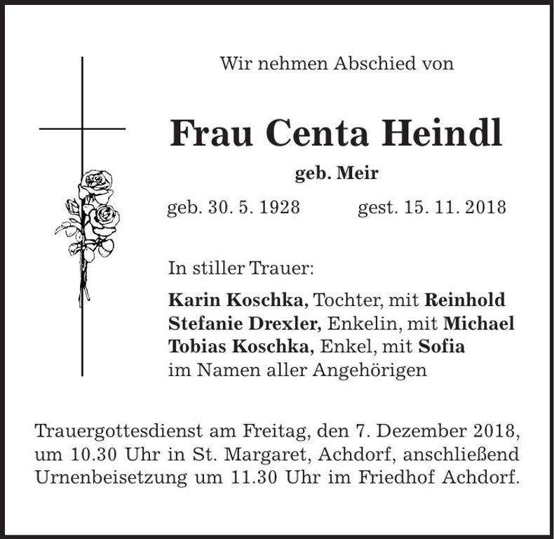 Traueranzeige Centa Heindl