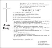 Traueranzeige Heigl Alois