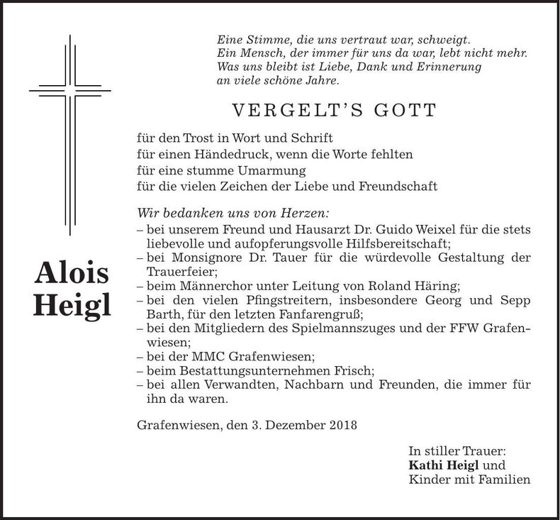 Traueranzeige Heigl Alois
