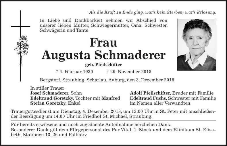 Traueranzeige Augusta Schmaderer