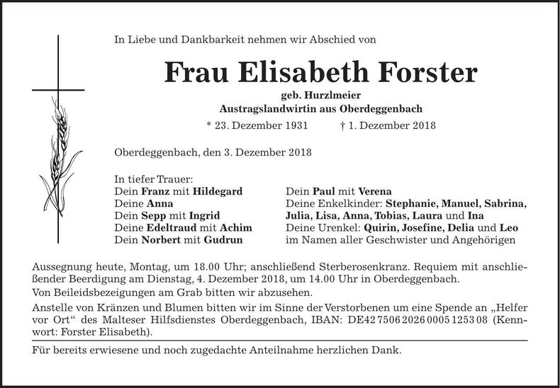 Traueranzeige Elisabeth Forster